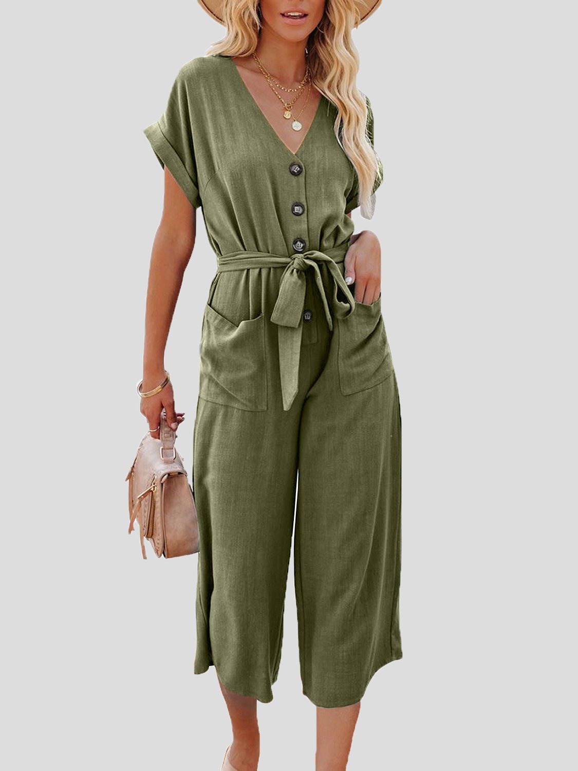 Women's Jumpsuits Casual V-Neck Belted Double Pocket Jumpsuit - Jumpsuits - Instastyled | Online Fashion Free Shipping Clothing, Dresses, Tops, Shoes - 04/03/2022 - 40-50 - Bottoms