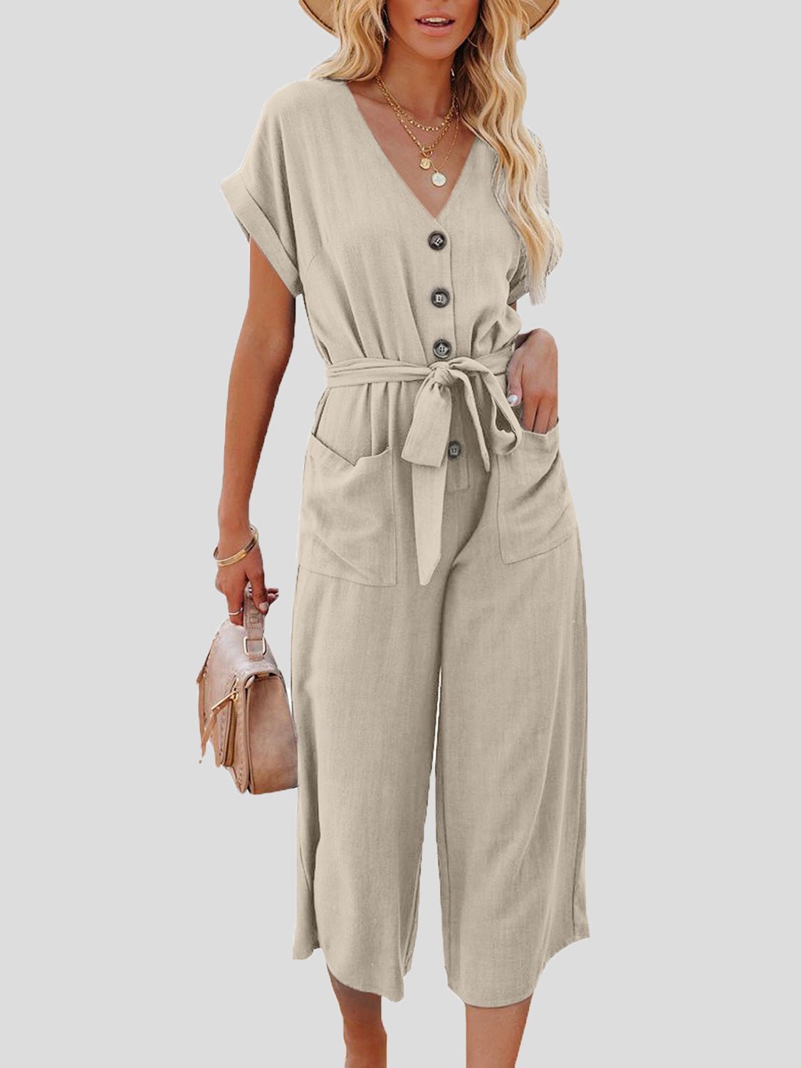 Women's Jumpsuits Casual V-Neck Belted Double Pocket Jumpsuit - Jumpsuits - Instastyled | Online Fashion Free Shipping Clothing, Dresses, Tops, Shoes - 04/03/2022 - 40-50 - Bottoms