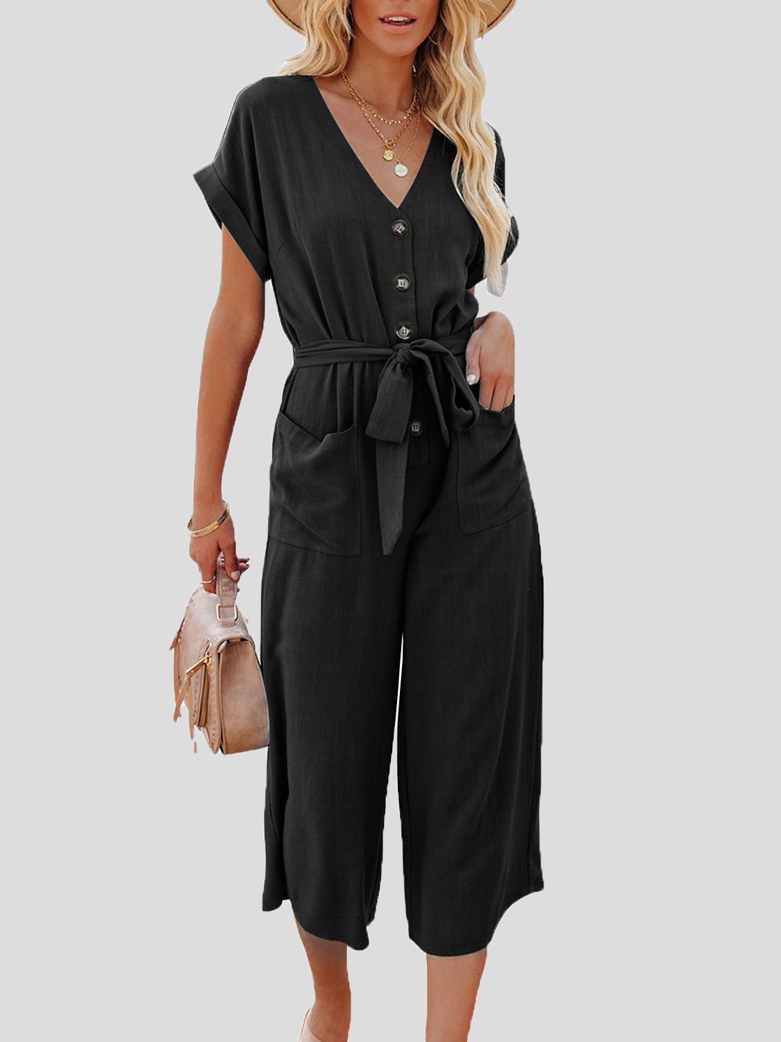 Women's Jumpsuits Casual V-Neck Belted Double Pocket Jumpsuit - Jumpsuits - Instastyled | Online Fashion Free Shipping Clothing, Dresses, Tops, Shoes - 04/03/2022 - 40-50 - Bottoms