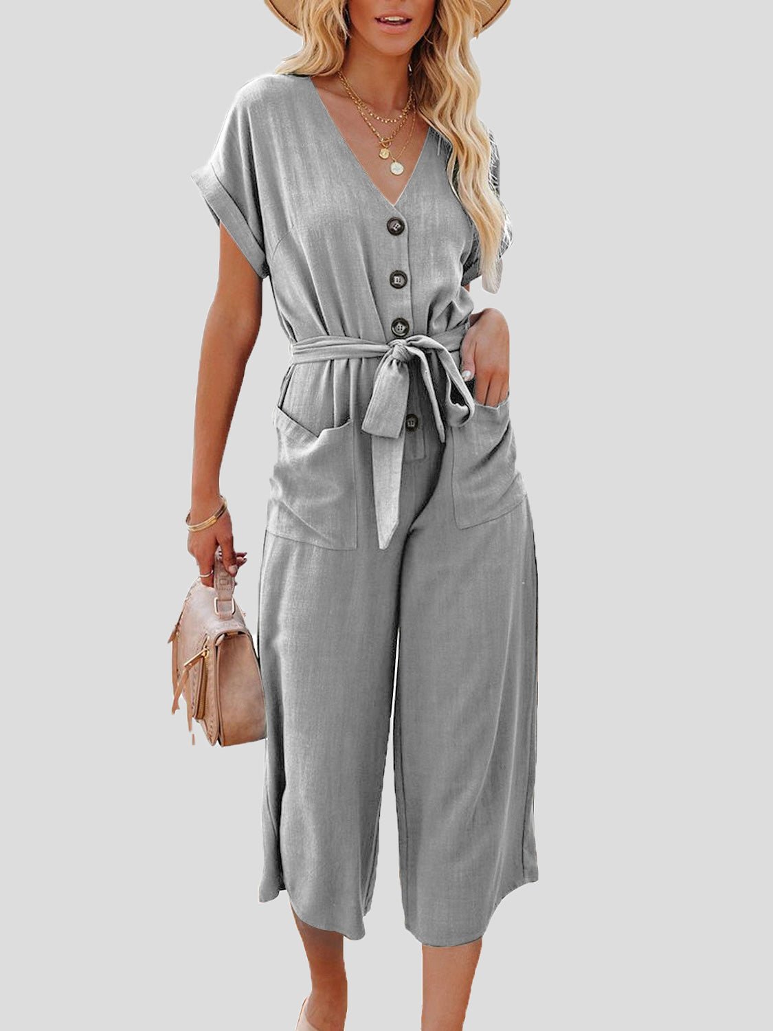 Women's Jumpsuits Casual V-Neck Belted Double Pocket Jumpsuit - Jumpsuits - Instastyled | Online Fashion Free Shipping Clothing, Dresses, Tops, Shoes - 04/03/2022 - 40-50 - Bottoms