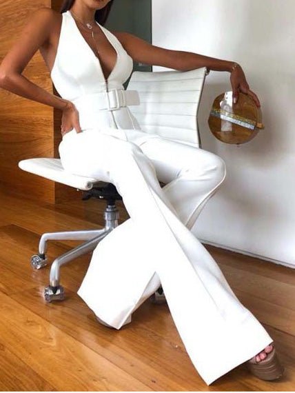 Women's Jumpsuits Deep V Halter Belt Micro Flare Jumpsuit - Jumpsuits - Instastyled | Online Fashion Free Shipping Clothing, Dresses, Tops, Shoes - 05/08/2022 - Bottoms - Color_White