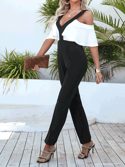 Women's Jumpsuits Deep V-Neck Off-Shoulder Ruffle Jumpsuit - Jumpsuits - Instastyled | Online Fashion Free Shipping Clothing, Dresses, Tops, Shoes - 08/04/2022 - 40-50 - Bottoms