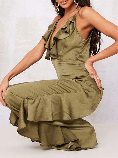 Women's Jumpsuits Deep V Neck Open Back Ruffle Jumpsuit - Jumpsuits - Instastyled | Online Fashion Free Shipping Clothing, Dresses, Tops, Shoes - 23/06/2022 - Bottoms - color-green