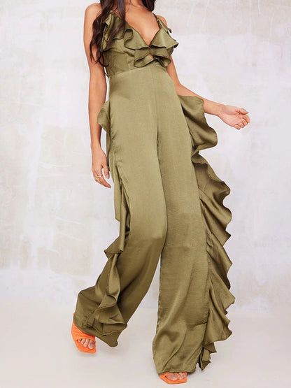 Women's Jumpsuits Deep V Neck Open Back Ruffle Jumpsuit - Jumpsuits - Instastyled | Online Fashion Free Shipping Clothing, Dresses, Tops, Shoes - 23/06/2022 - Bottoms - color-green