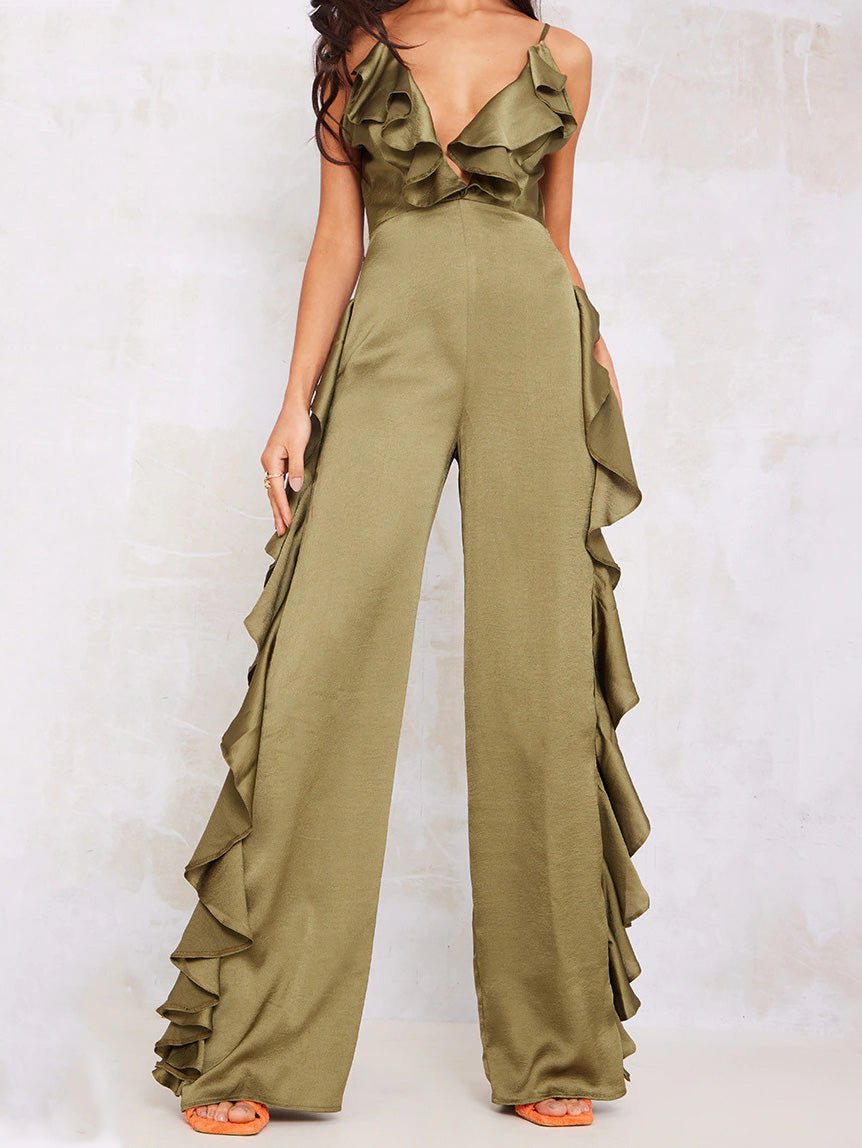 Women's Jumpsuits Deep V Neck Open Back Ruffle Jumpsuit - Jumpsuits - Instastyled | Online Fashion Free Shipping Clothing, Dresses, Tops, Shoes - 23/06/2022 - Bottoms - color-green