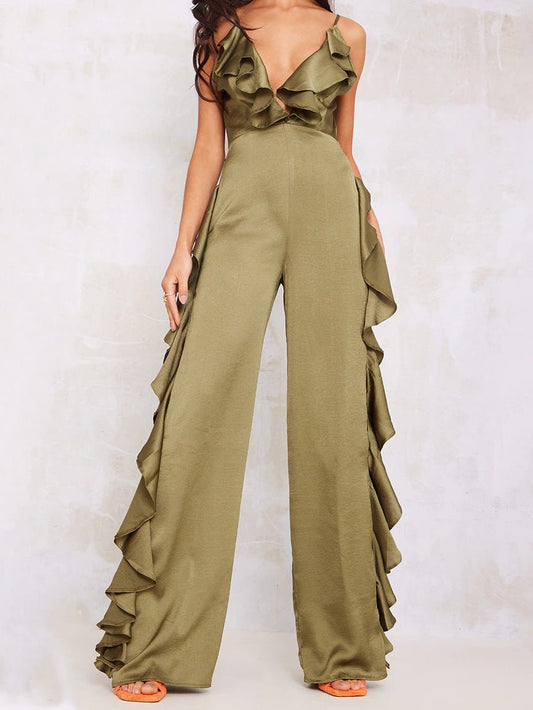 Women's Jumpsuits Deep V Neck Open Back Ruffle Jumpsuit - Jumpsuits - Instastyled | Online Fashion Free Shipping Clothing, Dresses, Tops, Shoes - 23/06/2022 - Bottoms - color-green