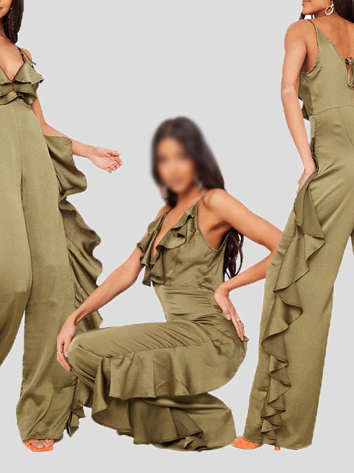 Women's Jumpsuits Deep V Neck Open Back Ruffle Jumpsuit - Jumpsuits - Instastyled | Online Fashion Free Shipping Clothing, Dresses, Tops, Shoes - 23/06/2022 - Bottoms - color-green