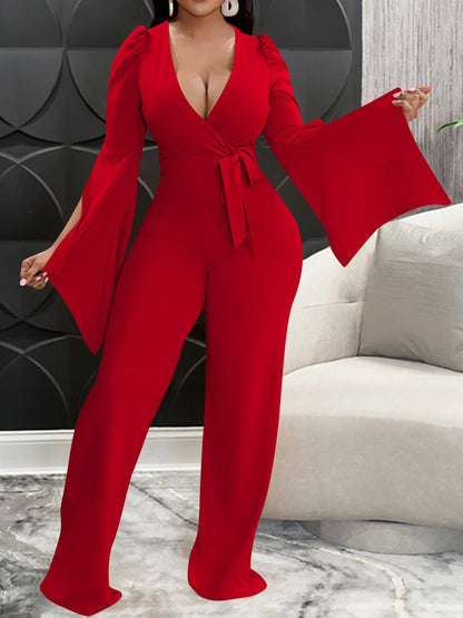 Women's Jumpsuits Deep V Neck Tie Slit Long Sleeve Slim Fit Jumpsuit - Jumpsuits - Instastyled | Online Fashion Free Shipping Clothing, Dresses, Tops, Shoes - 06/09/2022 - Bottoms - Color_Black