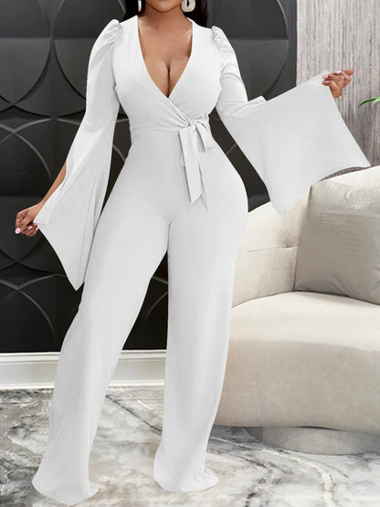 Women's Jumpsuits Deep V Neck Tie Slit Long Sleeve Slim Fit Jumpsuit - Jumpsuits - Instastyled | Online Fashion Free Shipping Clothing, Dresses, Tops, Shoes - 06/09/2022 - Bottoms - Color_Black