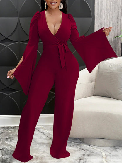 Women's Jumpsuits Deep V Neck Tie Slit Long Sleeve Slim Fit Jumpsuit - Jumpsuits - Instastyled | Online Fashion Free Shipping Clothing, Dresses, Tops, Shoes - 06/09/2022 - Bottoms - Color_Black