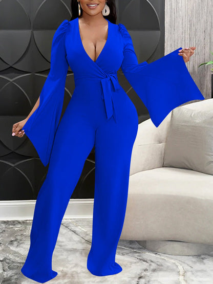 Women's Jumpsuits Deep V Neck Tie Slit Long Sleeve Slim Fit Jumpsuit - Jumpsuits - Instastyled | Online Fashion Free Shipping Clothing, Dresses, Tops, Shoes - 06/09/2022 - Bottoms - Color_Black