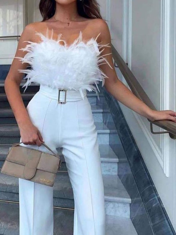 Women's Jumpsuits Feather Bandeau Belt Jumpsuit - Jumpsuits & Rompers - Instastyled | Online Fashion Free Shipping Clothing, Dresses, Tops, Shoes - 14/01/2022 - Bottoms - color-black