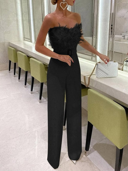 Women's Jumpsuits Feather Bandeau Belt Jumpsuit - Jumpsuits & Rompers - Instastyled | Online Fashion Free Shipping Clothing, Dresses, Tops, Shoes - 14/01/2022 - Bottoms - color-black