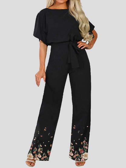 Women's Jumpsuits Floral Print Short Sleeve Lace Up Jumpsuit - Jumpsuits - Instastyled | Online Fashion Free Shipping Clothing, Dresses, Tops, Shoes - 21/06/2022 - Bottoms - Color_Black