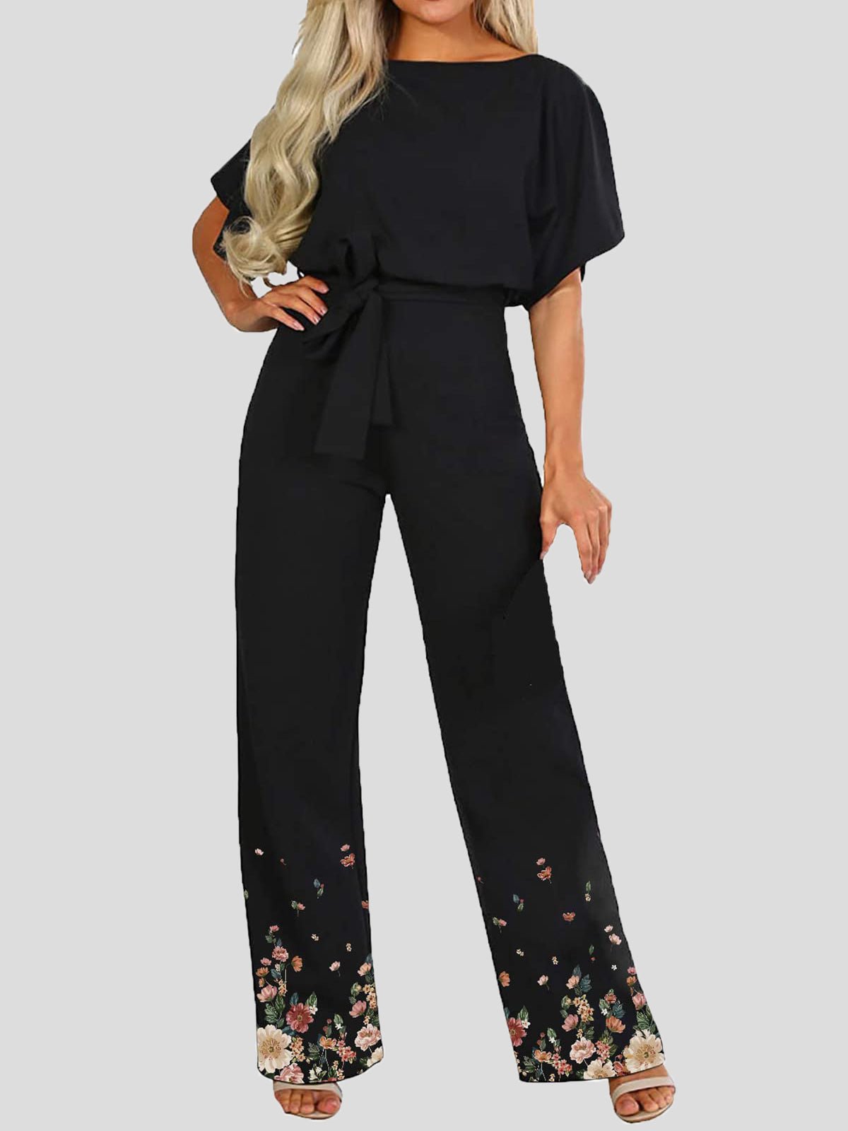 Women's Jumpsuits Floral Print Short Sleeve Lace Up Jumpsuit - Jumpsuits - Instastyled | Online Fashion Free Shipping Clothing, Dresses, Tops, Shoes - 21/06/2022 - Bottoms - Color_Black