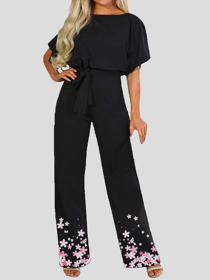 Women's Jumpsuits Floral Print Short Sleeve Lace Up Jumpsuit - Jumpsuits - Instastyled | Online Fashion Free Shipping Clothing, Dresses, Tops, Shoes - 21/06/2022 - Bottoms - Color_Black