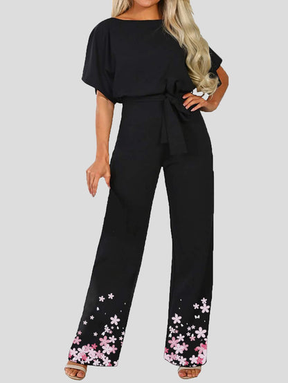 Women's Jumpsuits Floral Print Short Sleeve Lace Up Jumpsuit - Jumpsuits - Instastyled | Online Fashion Free Shipping Clothing, Dresses, Tops, Shoes - 21/06/2022 - Bottoms - Color_Black