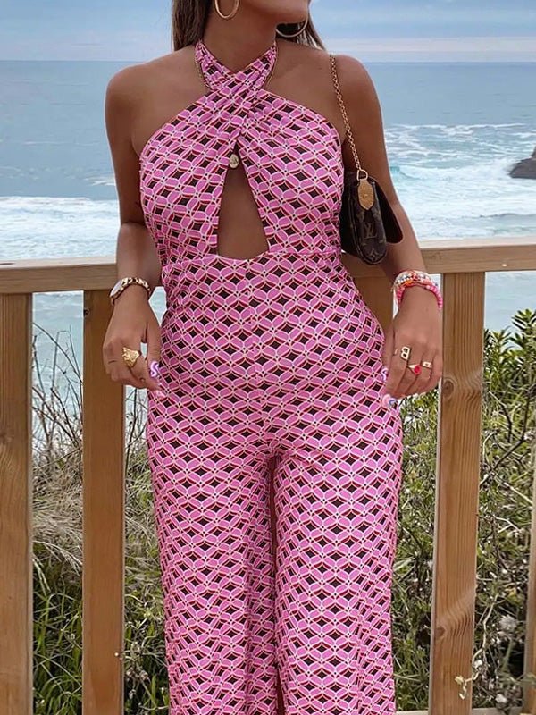 Women's Jumpsuits Halterneck Print Hollow Backless Jumpsuit - Jumpsuits - Instastyled | Online Fashion Free Shipping Clothing, Dresses, Tops, Shoes - 28/07/2022 - Bottoms - Color_Pink