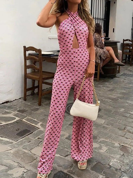 Women's Jumpsuits Halterneck Print Hollow Backless Jumpsuit - Jumpsuits - Instastyled | Online Fashion Free Shipping Clothing, Dresses, Tops, Shoes - 28/07/2022 - Bottoms - Color_Pink