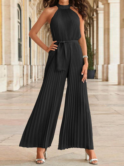 Women's Jumpsuits Halterneck Sleeveless Pleated Wide-Leg Jumpsuit - Jumpsuits - Instastyled | Online Fashion Free Shipping Clothing, Dresses, Tops, Shoes - 06/05/2022 - 40-50 - Bottoms