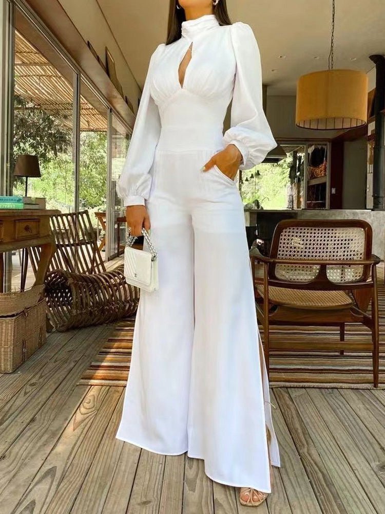 Women's Jumpsuits High Neck Hollow Long Sleeve Slit Jumpsuit - Jumpsuits - Instastyled | Online Fashion Free Shipping Clothing, Dresses, Tops, Shoes - 27/08/2022 - bottoms - color-white