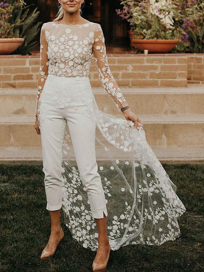 Women's Jumpsuits Lace Panel Long Sleeve Irregular Jumpsuit - Jumpsuits - Instastyled | Online Fashion Free Shipping Clothing, Dresses, Tops, Shoes - 27/07/2022 - bottoms - color-white