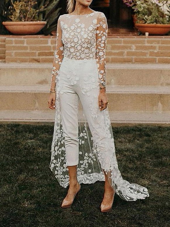 Women's Jumpsuits Lace Panel Long Sleeve Irregular Jumpsuit - Jumpsuits - Instastyled | Online Fashion Free Shipping Clothing, Dresses, Tops, Shoes - 27/07/2022 - bottoms - color-white