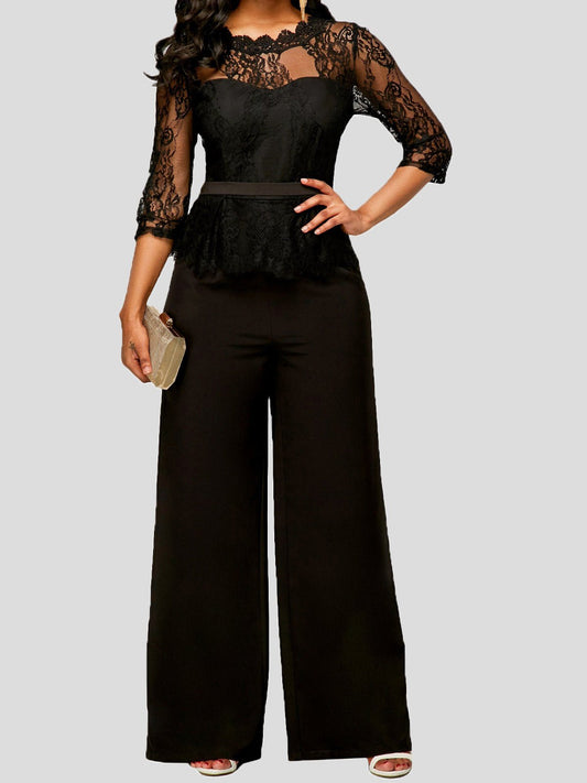 Women's Jumpsuits Lace Paneled Mid Sleeves Wide Leg Jumpsuit - Jumpsuits - Instastyled | Online Fashion Free Shipping Clothing, Dresses, Tops, Shoes - 15/06/2022 - Bottoms - Color_Black