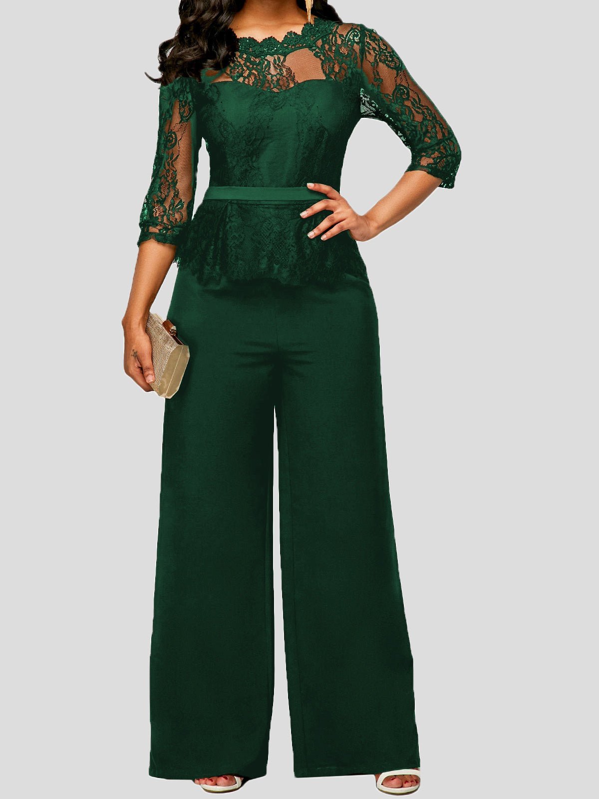 Women's Jumpsuits Lace Paneled Mid Sleeves Wide Leg Jumpsuit - Jumpsuits - Instastyled | Online Fashion Free Shipping Clothing, Dresses, Tops, Shoes - 15/06/2022 - Bottoms - Color_Black