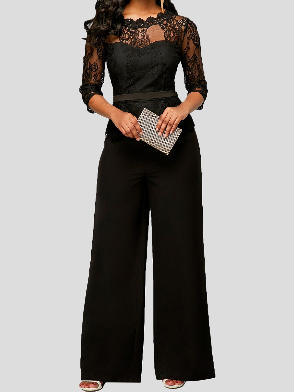 Women's Jumpsuits Lace Paneled Mid Sleeves Wide Leg Jumpsuit - Jumpsuits - Instastyled | Online Fashion Free Shipping Clothing, Dresses, Tops, Shoes - 15/06/2022 - Bottoms - Color_Black