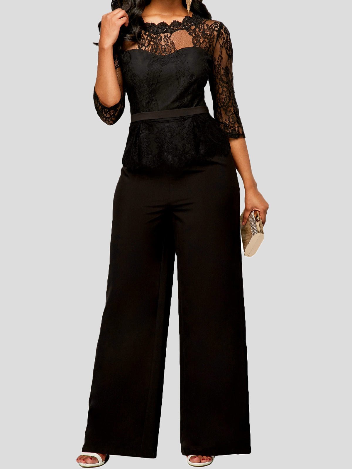 Women's Jumpsuits Lace Paneled Mid Sleeves Wide Leg Jumpsuit - Jumpsuits - Instastyled | Online Fashion Free Shipping Clothing, Dresses, Tops, Shoes - 15/06/2022 - Bottoms - Color_Black