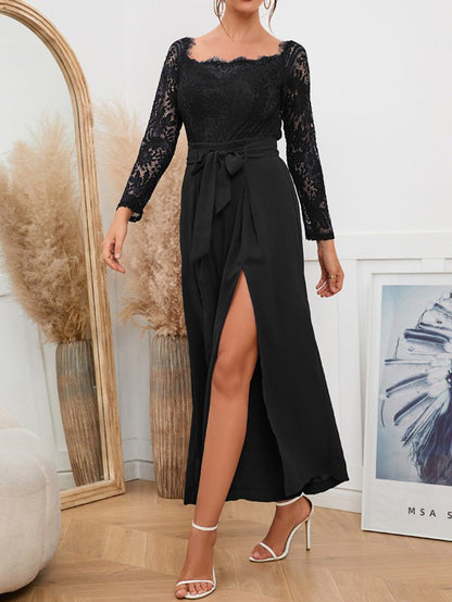 Women's Jumpsuits Lace Square Neck Tie Double Slit Jumpsuit - Jumpsuits - Instastyled | Online Fashion Free Shipping Clothing, Dresses, Tops, Shoes - 24/08/2022 - bottoms - color-black