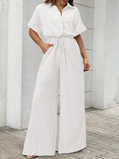 Women's Jumpsuits Lapel Button Short Sleeve Belted Wide Leg Jumpsuit - Jumpsuits - Instastyled | Online Fashion Free Shipping Clothing, Dresses, Tops, Shoes - 17/06/2022 - Bottoms - Color_Black