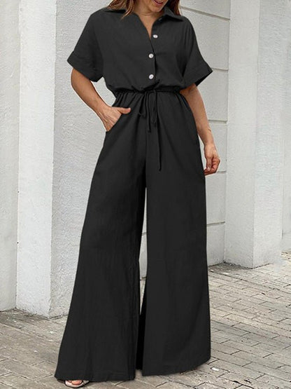 Women's Jumpsuits Lapel Button Short Sleeve Belted Wide Leg Jumpsuit - Jumpsuits - Instastyled | Online Fashion Free Shipping Clothing, Dresses, Tops, Shoes - 17/06/2022 - Bottoms - Color_Black