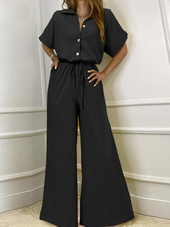 Women's Jumpsuits Lapel Button Short Sleeve Belted Wide Leg Jumpsuit - Jumpsuits - Instastyled | Online Fashion Free Shipping Clothing, Dresses, Tops, Shoes - 17/06/2022 - Bottoms - Color_Black