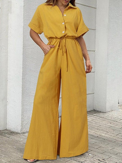 Women's Jumpsuits Lapel Button Short Sleeve Belted Wide Leg Jumpsuit - Jumpsuits - Instastyled | Online Fashion Free Shipping Clothing, Dresses, Tops, Shoes - 17/06/2022 - Bottoms - Color_Black