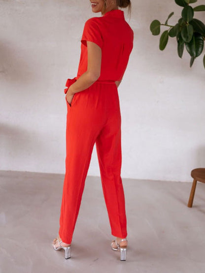 Women's Jumpsuits Lapel Lace-Up Pocket Casual Jumpsuit - Jumpsuits - Instastyled | Online Fashion Free Shipping Clothing, Dresses, Tops, Shoes - 20/05/2022 - 40-50 - Bottoms