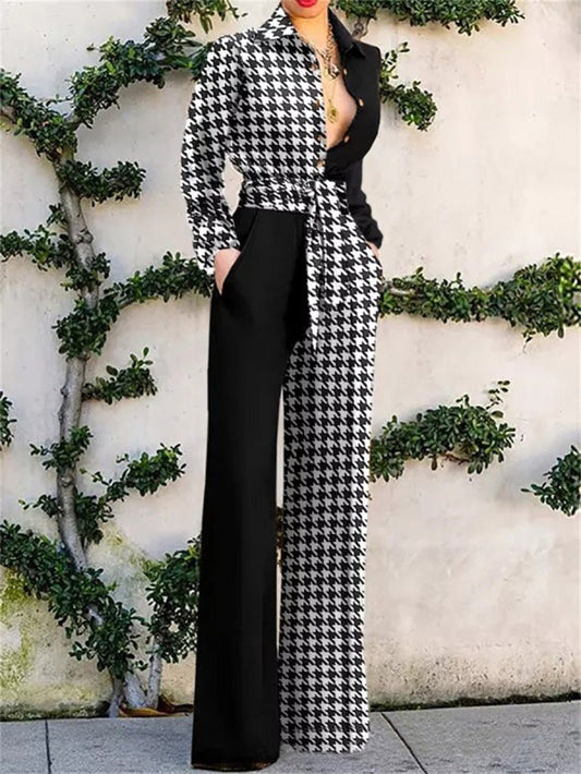 Women's Jumpsuits Lapel Print Tie Pocket Long Sleeve Jumpsuit - Jumpsuits - Instastyled | Online Fashion Free Shipping Clothing, Dresses, Tops, Shoes - 21/09/2022 - Bottoms - Color_Black