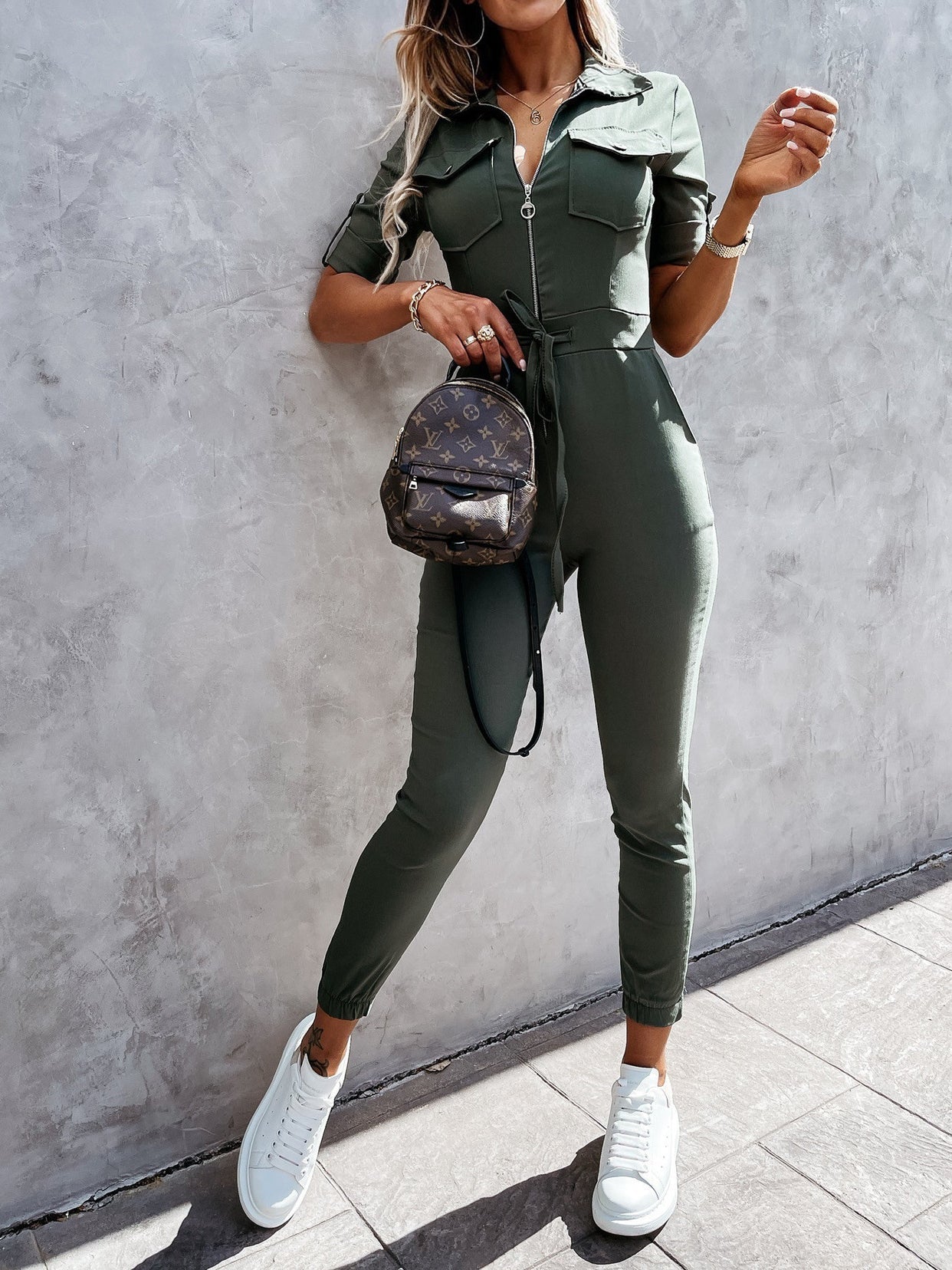 Women's Jumpsuits Lapel Zip Cargo Short Sleeve Jumpsuit - Jumpsuits - Instastyled | Online Fashion Free Shipping Clothing, Dresses, Tops, Shoes - 13/05/2022 - Bottoms - color-army_green