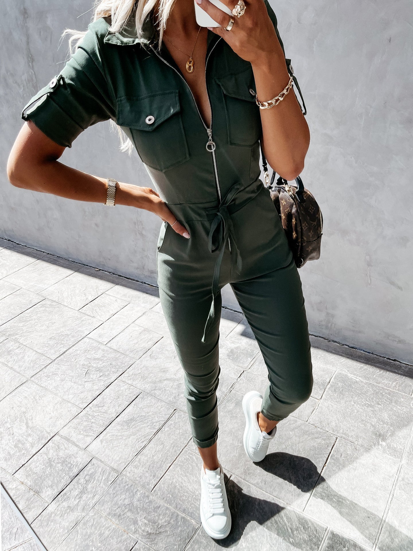 Women's Jumpsuits Lapel Zip Cargo Short Sleeve Jumpsuit - Jumpsuits - Instastyled | Online Fashion Free Shipping Clothing, Dresses, Tops, Shoes - 13/05/2022 - Bottoms - color-army_green