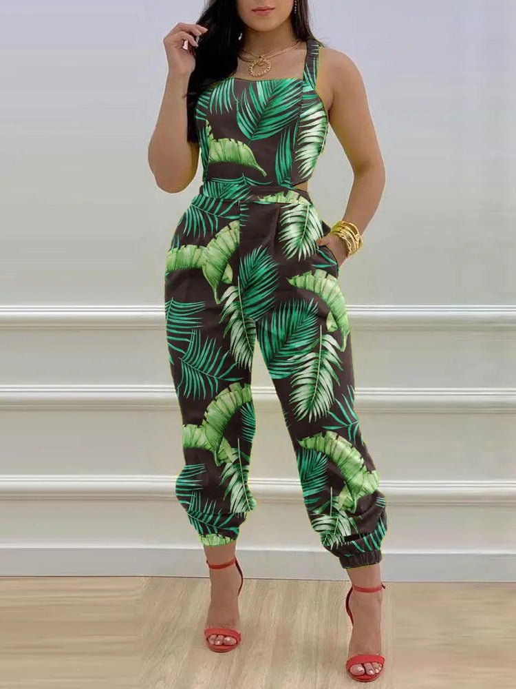 Women's Jumpsuits Leaf Print Sling Pocket Sleeveless Jumpsuit - Jumpsuits - Instastyled | Online Fashion Free Shipping Clothing, Dresses, Tops, Shoes - 18/07/2022 - 40-50 - bottoms