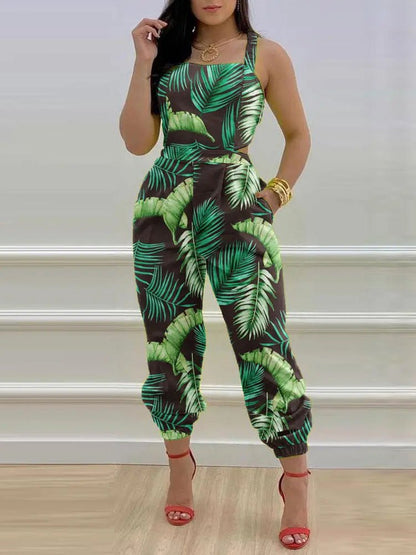 Women's Jumpsuits Leaf Print Sling Pocket Sleeveless Jumpsuit - Jumpsuits - Instastyled | Online Fashion Free Shipping Clothing, Dresses, Tops, Shoes - 18/07/2022 - 40-50 - bottoms