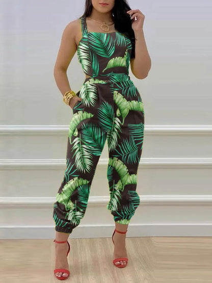 Women's Jumpsuits Leaf Print Sling Pocket Sleeveless Jumpsuit - Jumpsuits - Instastyled | Online Fashion Free Shipping Clothing, Dresses, Tops, Shoes - 18/07/2022 - 40-50 - bottoms