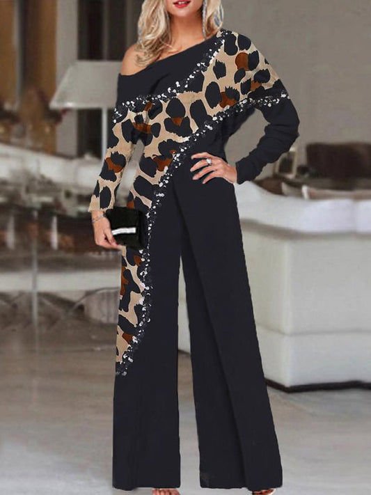 Women's Jumpsuits Leopard Print Sloping Shoulder Irregular Jumpsuit - Jumpsuits - Instastyled | Online Fashion Free Shipping Clothing, Dresses, Tops, Shoes - 22/10/2022 - Bottoms - Color_Black