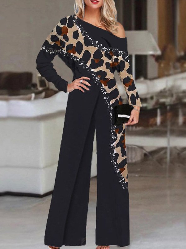 Women's Jumpsuits Leopard Print Sloping Shoulder Irregular Jumpsuit - Jumpsuits - Instastyled | Online Fashion Free Shipping Clothing, Dresses, Tops, Shoes - 22/10/2022 - Bottoms - Color_Black