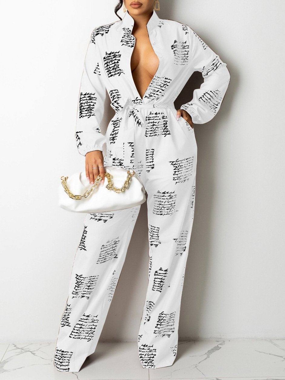 Women's Jumpsuits Letter Print Long Sleeve Shirt Jumpsuit With Belt - Jumpsuits & Rompers - INS | Online Fashion Free Shipping Clothing, Dresses, Tops, Shoes - 16/09/2021 - 40-50 - Bottom