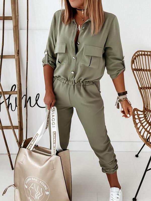 Women's Jumpsuits Long Sleeve Cargo Pocket Button Jumpsuit - Jumpsuits & Rompers - INS | Online Fashion Free Shipping Clothing, Dresses, Tops, Shoes - 25/08/2021 - 30-40 - Bottom