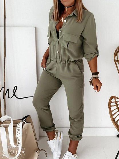 Women's Jumpsuits Long Sleeve Cargo Pocket Button Jumpsuit - Jumpsuits & Rompers - INS | Online Fashion Free Shipping Clothing, Dresses, Tops, Shoes - 25/08/2021 - 30-40 - Bottom