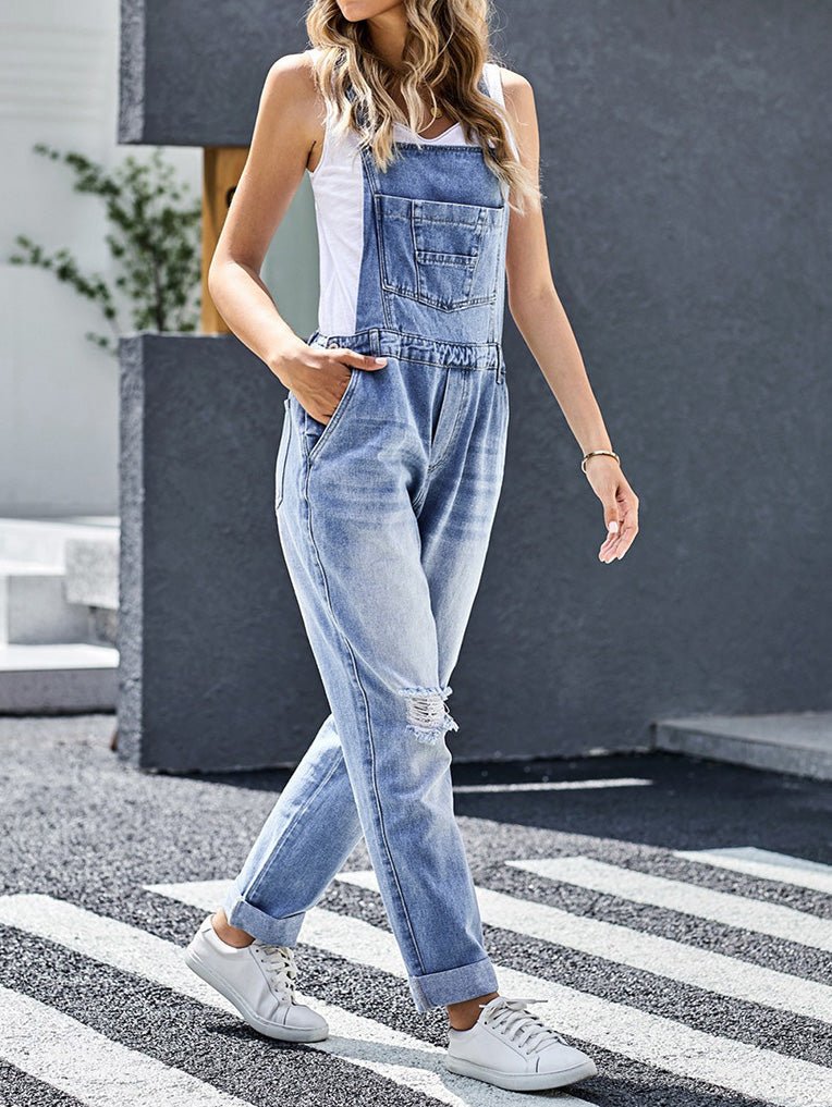 Women's Jumpsuits Loose Pocket Ripped Denim Jumpsuit - Jumpsuits - Instastyled | Online Fashion Free Shipping Clothing, Dresses, Tops, Shoes - 31/05/2022 - Bottoms - Color_Blue