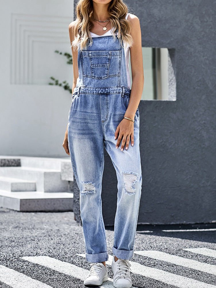 Women's Jumpsuits Loose Pocket Ripped Denim Jumpsuit - Jumpsuits - Instastyled | Online Fashion Free Shipping Clothing, Dresses, Tops, Shoes - 31/05/2022 - Bottoms - Color_Blue